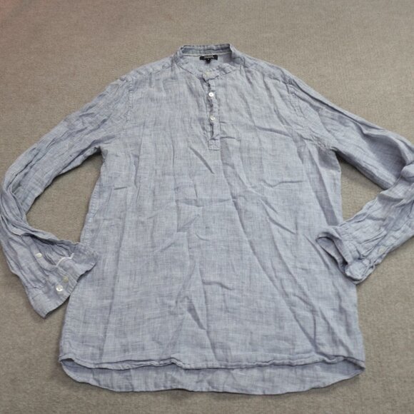 Galeries Lafayette Shirt Large Blue Grandfather 100% Linen - Picture 1 of 8